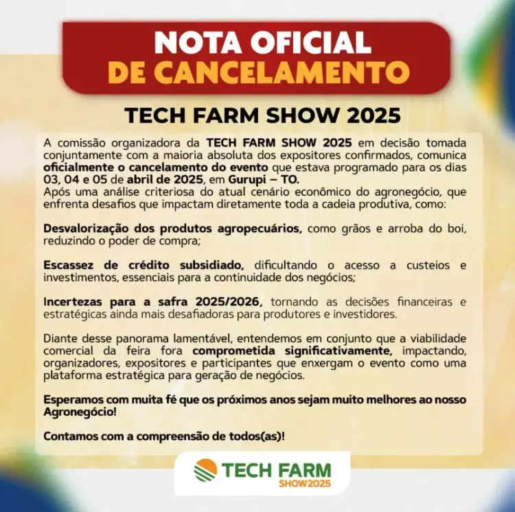 Tech Farm Show 2025 é cancelada devido a desafios do agronegócio
