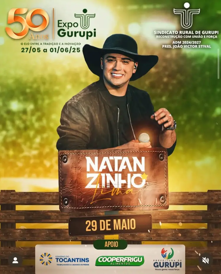 Expo Gurupi 2025 celebra 50 anos com show de Nattanzinho Lima no dia 29 de maio