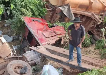 Carreta carregada de soja tomba em ribanceira na zona rural de Juarina após estourar pneu