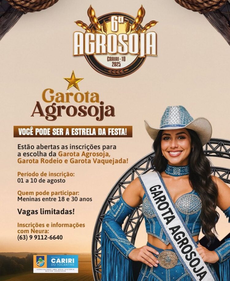 Cariri do Tocantins abre inscrições para concurso que vai eleger a Garota Agrosoja 2025