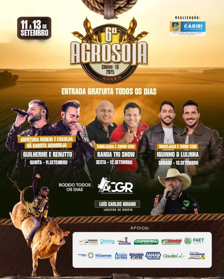 6ª Agrosoja em Cariri do Tocantins terá rodeio, cavalgada e shows nacionais