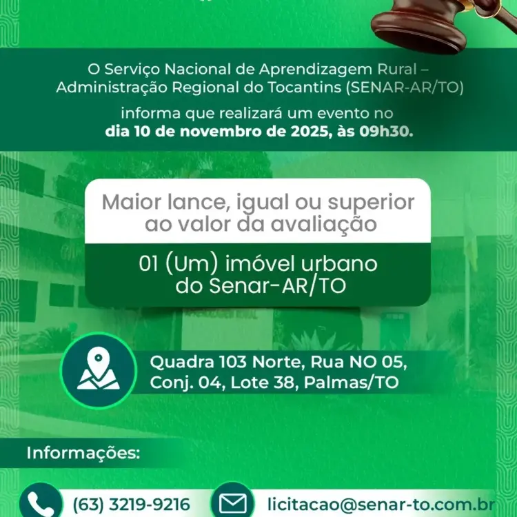 SENAR Tocantins realizará leilão de imóvel urbano em novembro