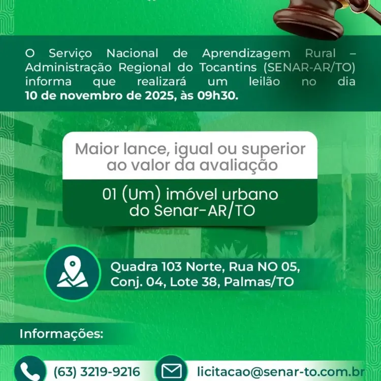 SENAR Tocantins realizará leilão de imóvel urbano