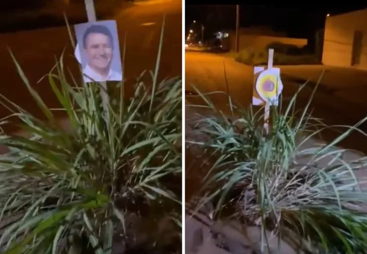 Moradores protestam com capim e foto do prefeito contra buracos em Palmas