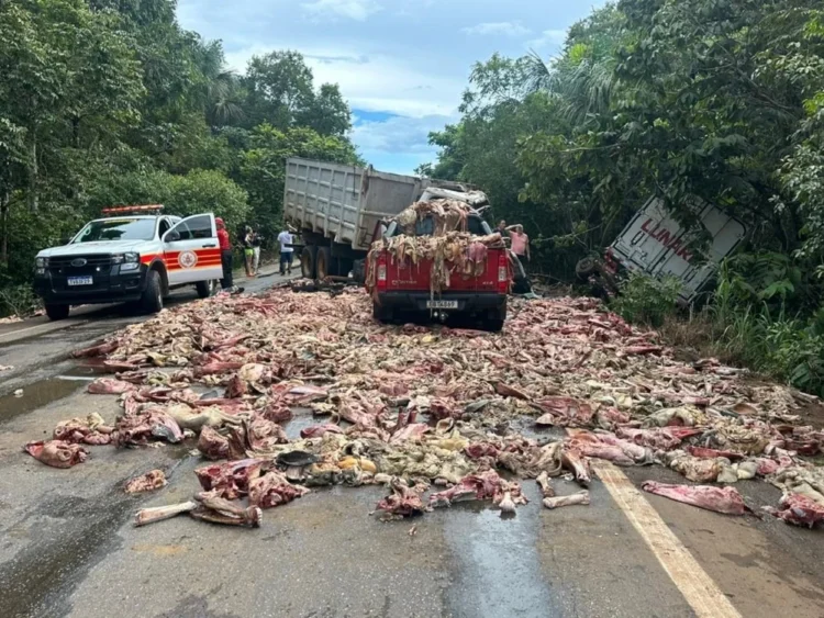Acidente na BR-010 deixa um morto, seis feridos e espalha carga de carne no Tocantins